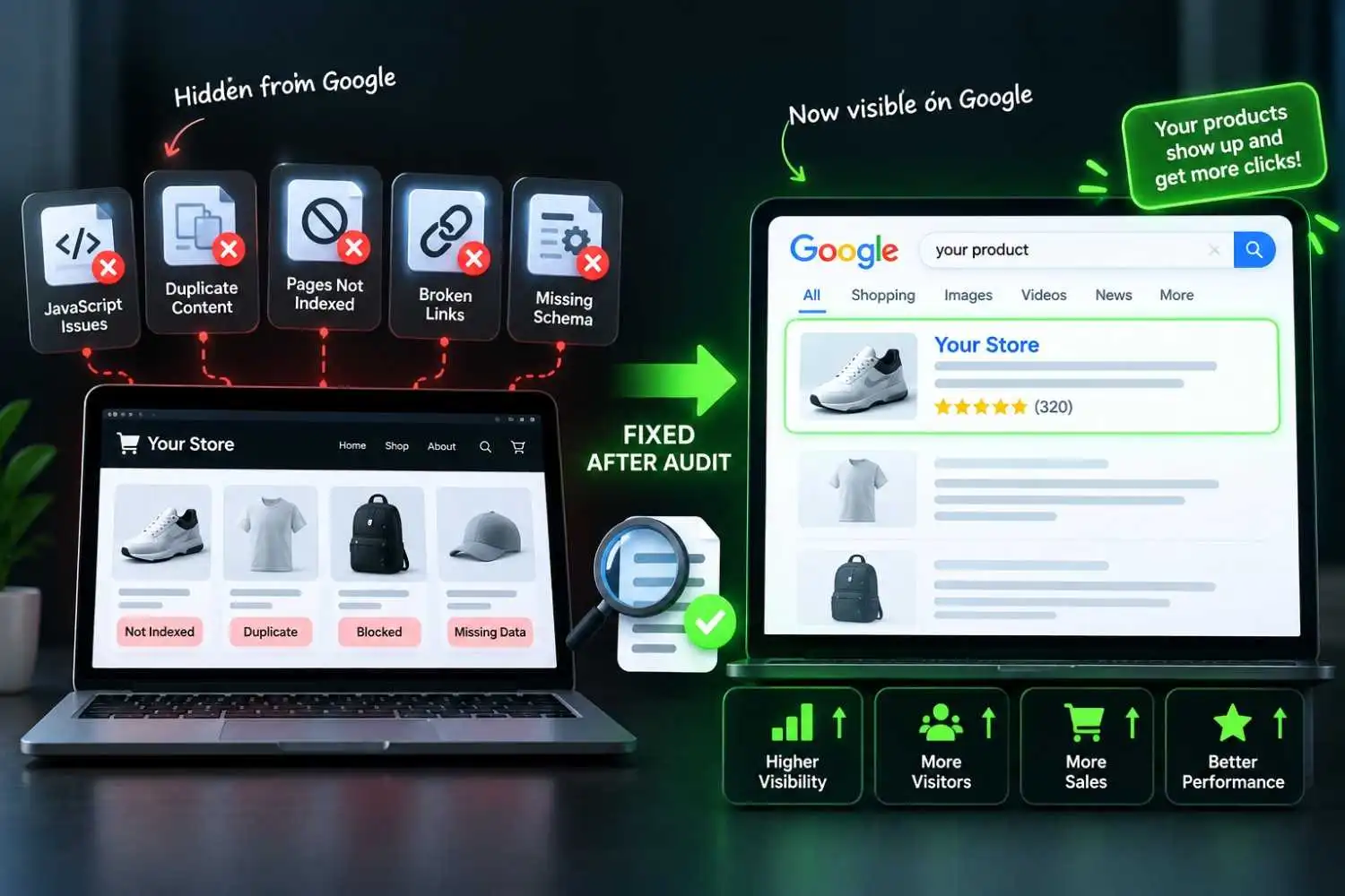 Technical SEO audit illustration showing website issues being fixed and leading to higher Google visibility, more visitors, sales, and better performance.