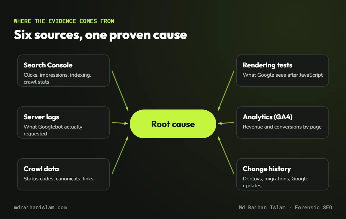Diagram of six forensic SEO evidence sources: Search Console, server logs, crawl data, rendering tests, analytics and change history