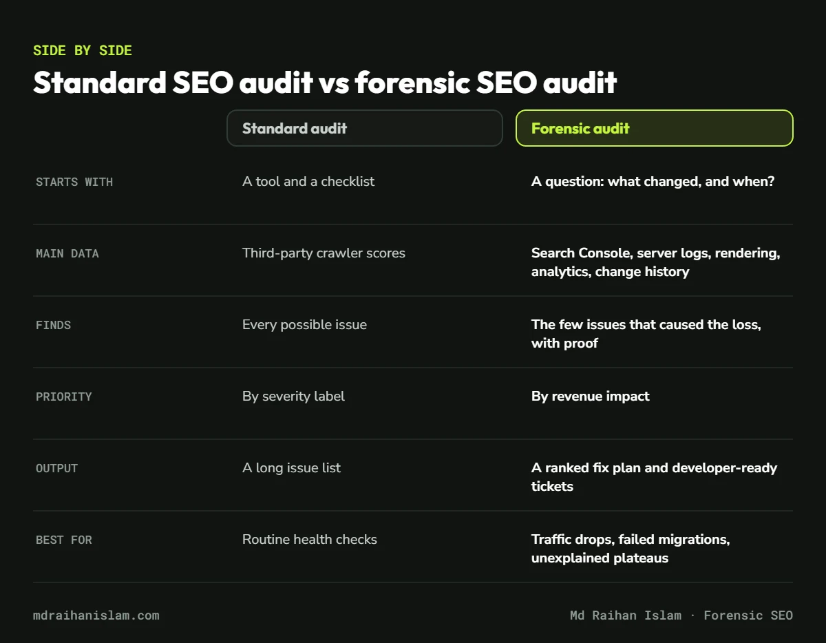 Comparison table of a standard SEO audit versus a forensic SEO audit