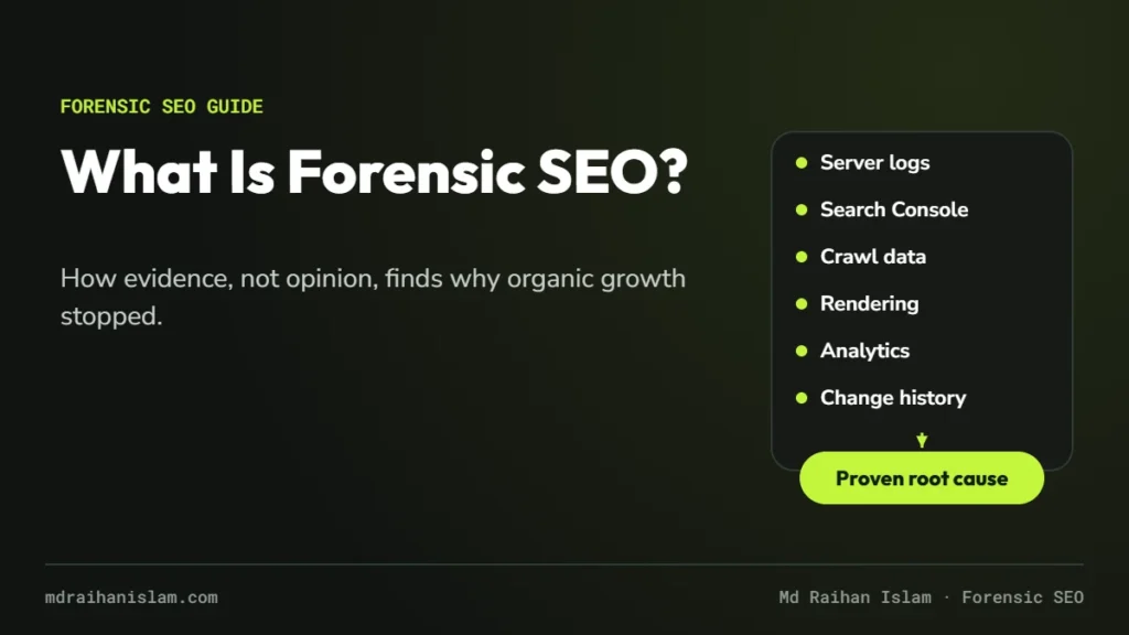 What is forensic SEO: cover showing six evidence sources leading to a proven root cause
