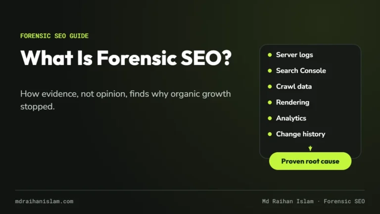 What is forensic SEO: cover showing six evidence sources leading to a proven root cause