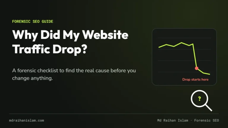 Why did my website traffic drop: forensic checklist cover showing a traffic line that falls suddenly